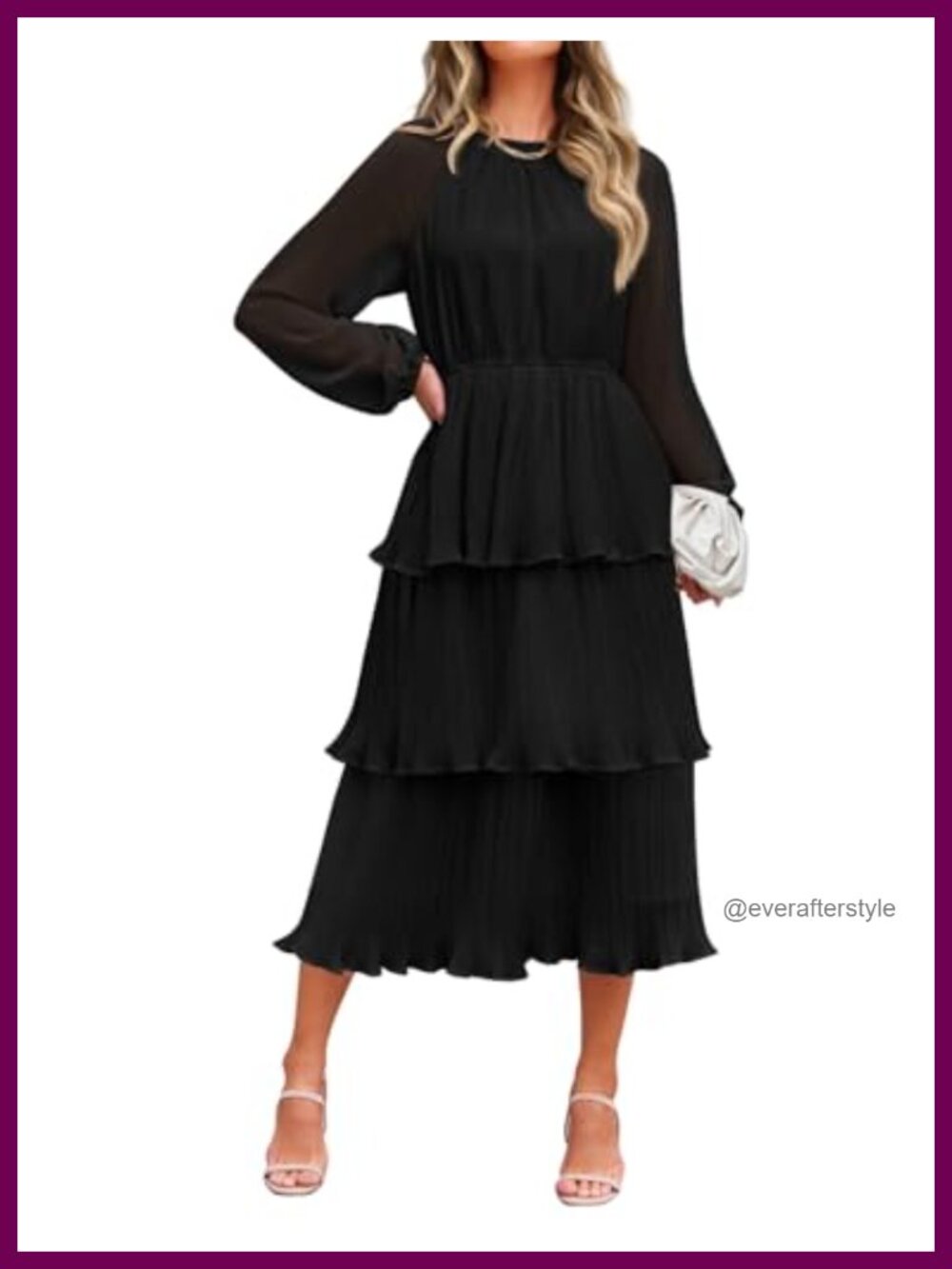 Chiffon Tiered Long Sleeve Midi Dress Crew Neck Swing